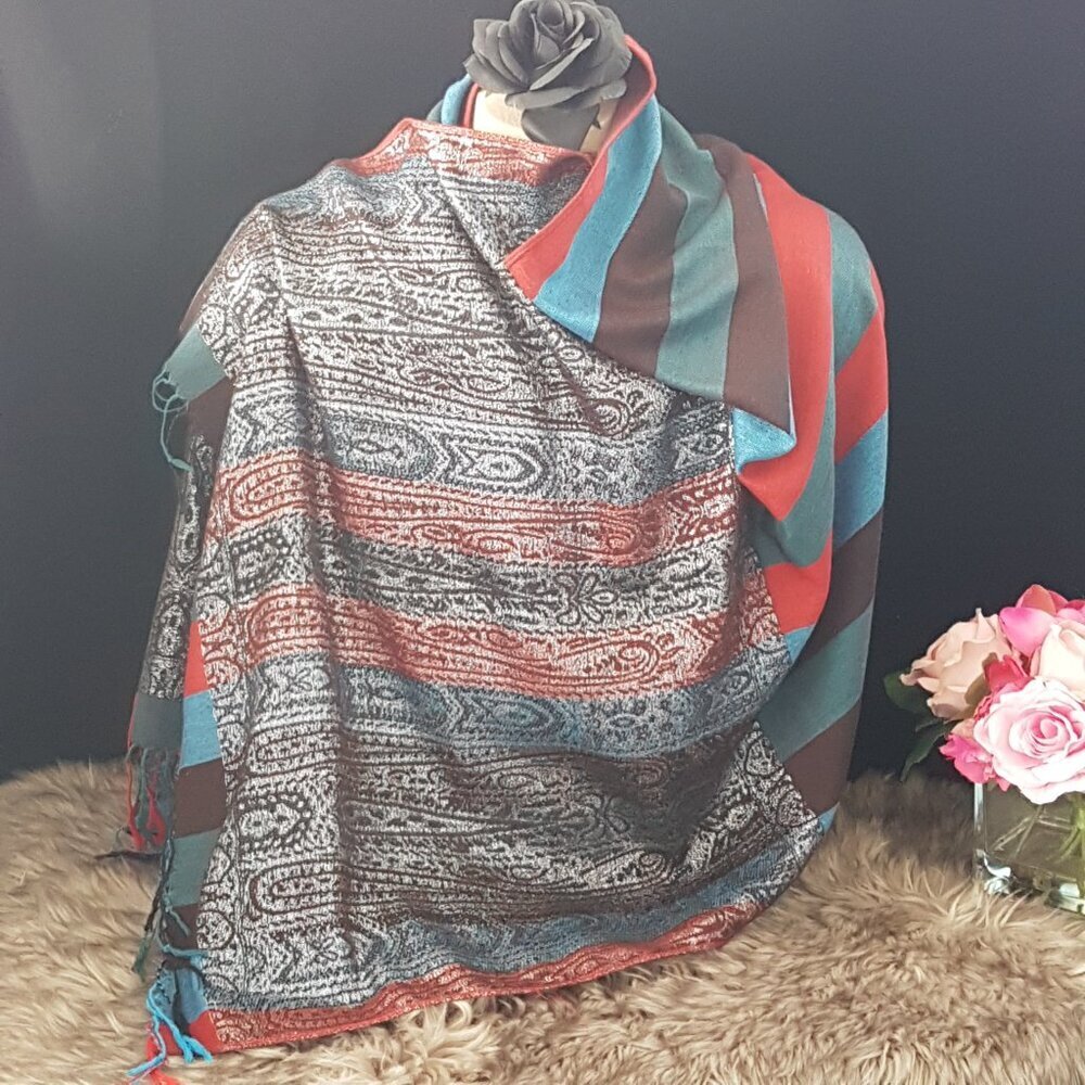 Blue & Red Striped Pashmina Shoulder Wrap with Silver Accents Pashmina & Silk